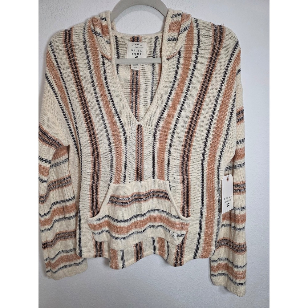 Billabong Striped Knit Hooded‎ Pullover Sweater Womens Small Cream Coral Black